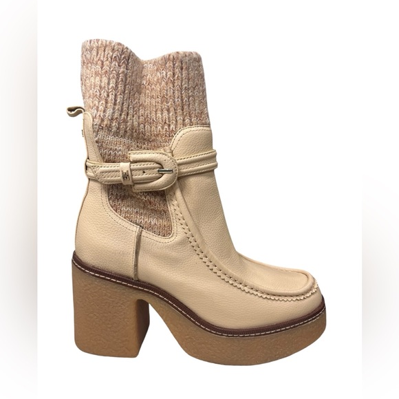 Sam Edelman Cream Leather Knit Cuff Heeled Boots, Austrian Wool - Picture 10 of 13